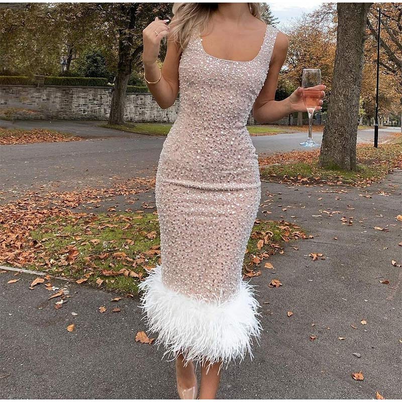 Pearl Sequins Feather Stitching Hip Wrap Dress