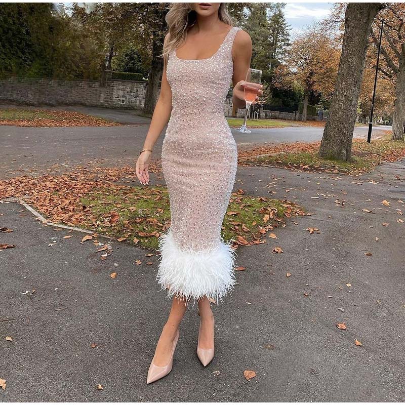 Pearl Sequins Feather Stitching Hip Wrap Dress